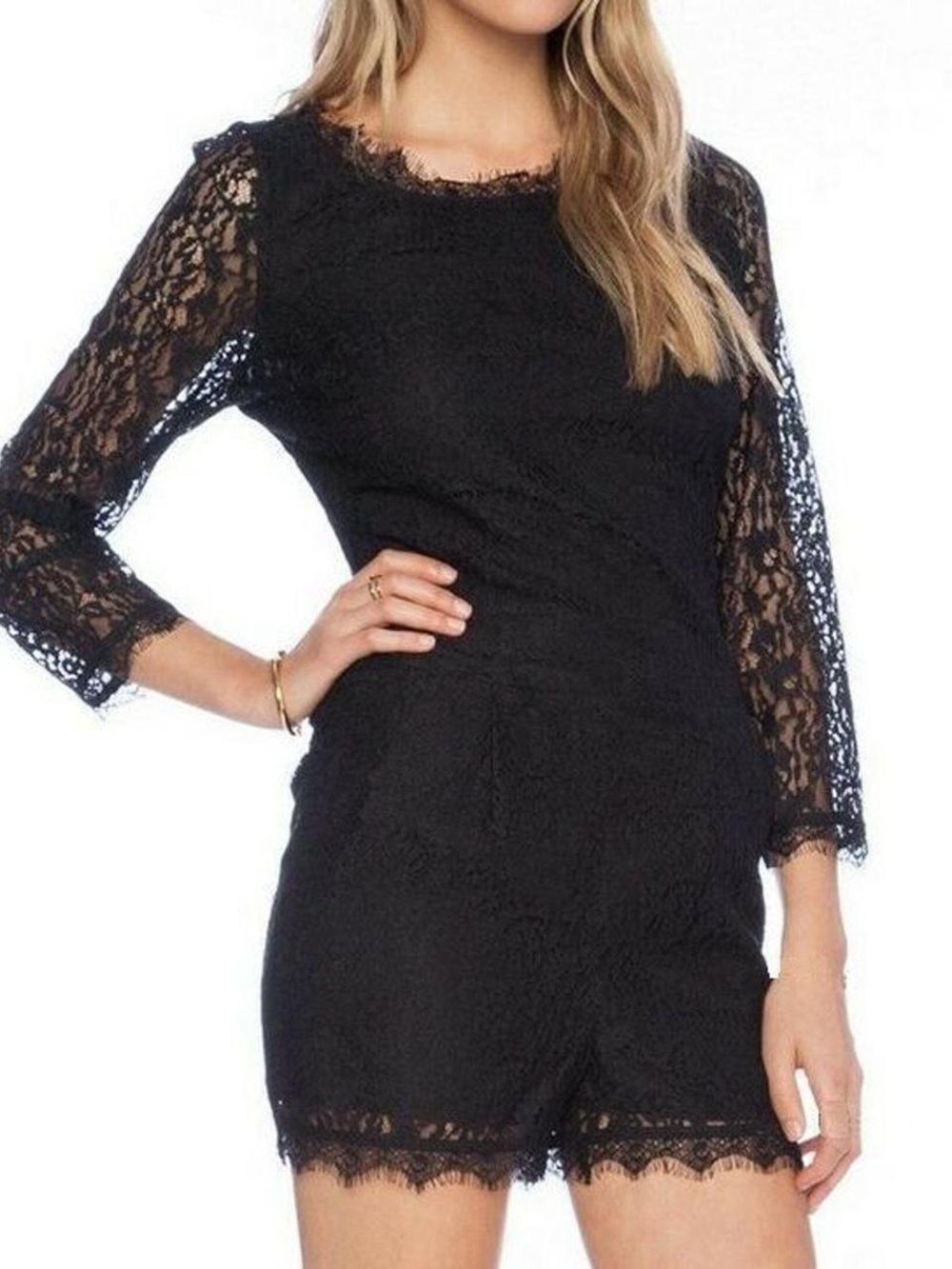 Joie Women's Nali Lace Romper Jumpsuit Cutout Back 3/4 Sleeve Black Sz 12